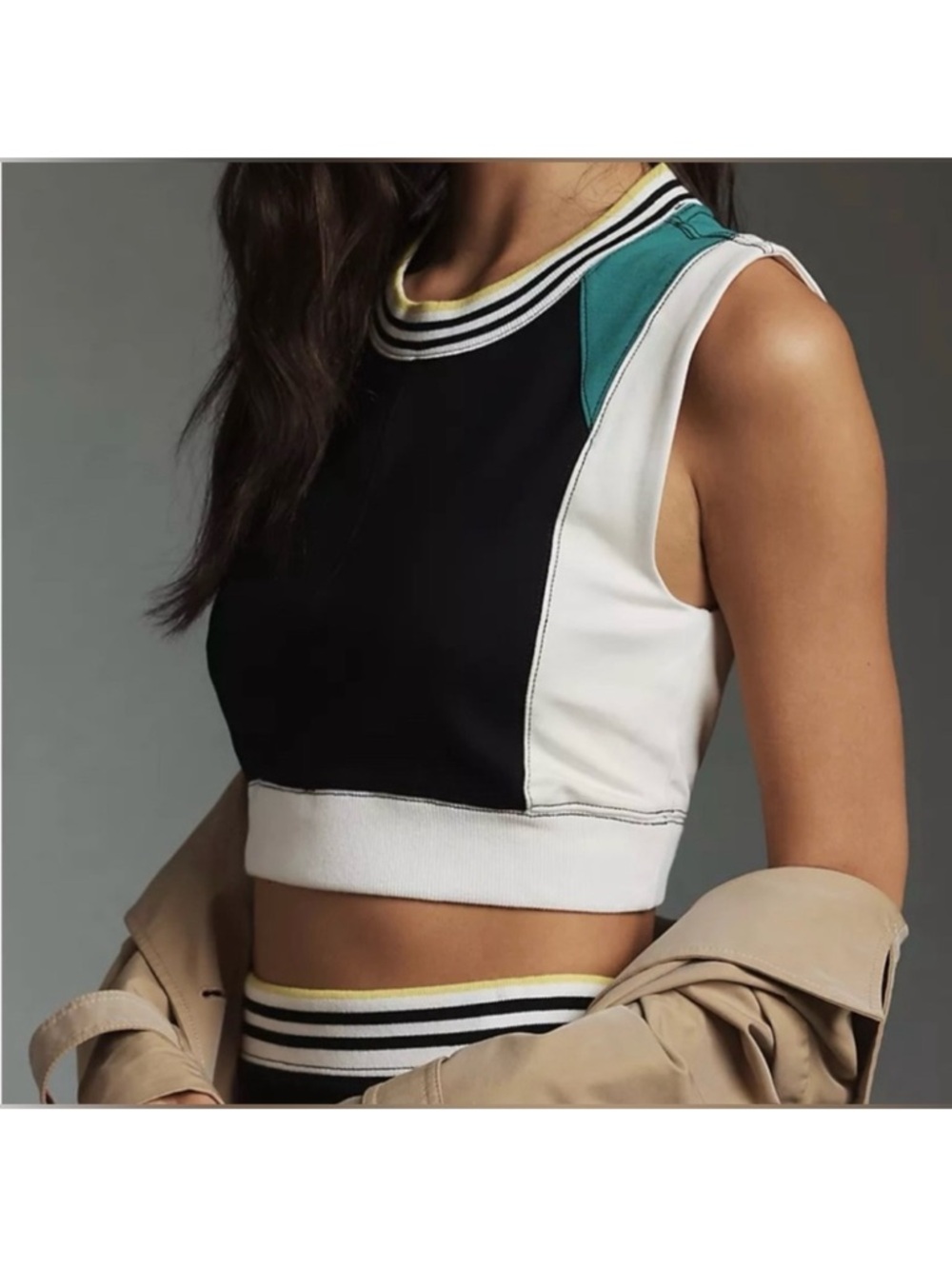 Anthropologie Black, White & Teal Colorblock Sleeveless Crop Top size L skirt S